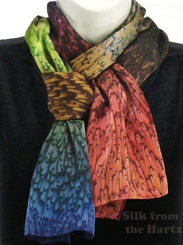 11 x 60 Earth Tone Fall Colored Silk Satin Brown Scarf Earth Tone Peach, Denim, Brown and Olive Green Hand Dyed 11" x 60" Fall Colored Silk Satin Scarf