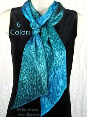 Long Skinny Green Real Mulberry Silk Scarf Long skinny 5" x 72" teal green and turquoise hand dyed real mulberry silk satin scarf