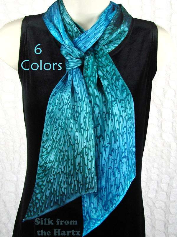 Long Skinny Green Real Mulberry Silk Scarf Long skinny 5" x 72" teal green and turquoise hand dyed real mulberry silk satin scarf