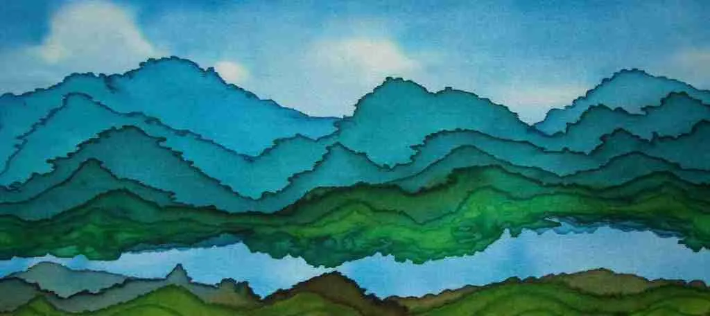 silk painting mountains hand dyed Hand dyed abstract silk mountain painting in blues and greens