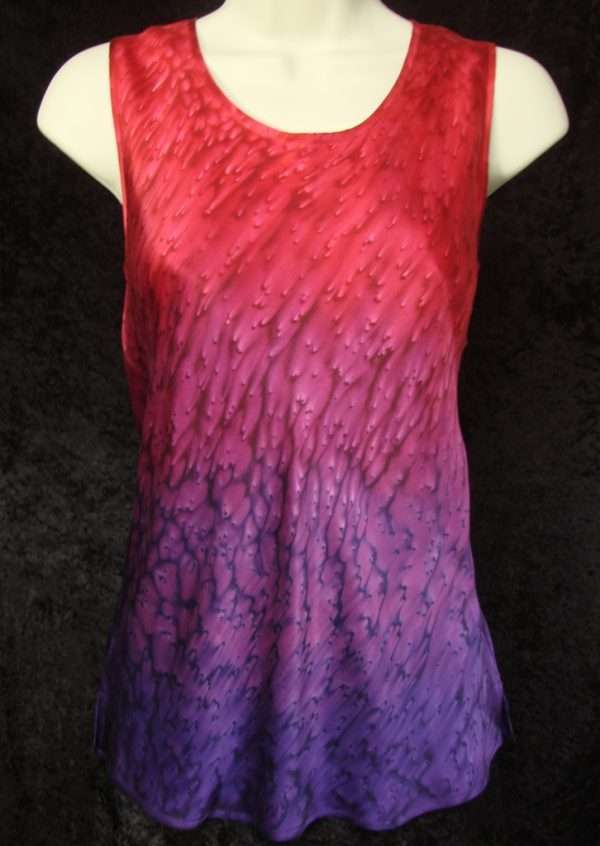 Red Purple Womens Silk Satin Tank Top Women's silk satin tank top hand dyed red at the top graduating to purple at the bottom with a raindrop salt pattern