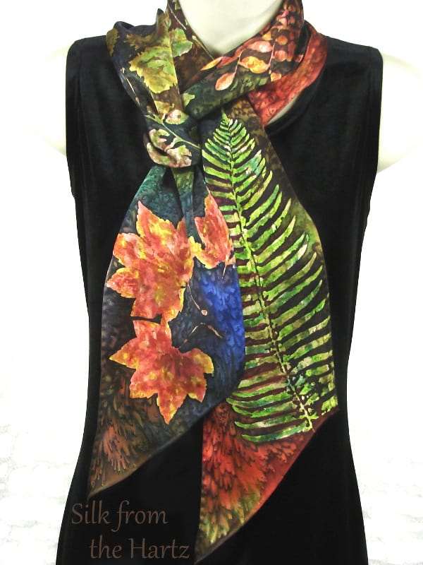 Leaf 5″ x 72″ Earth Tone Silk Scarf Elegant hand dyed autumn color leaf print 5" x 72" silk satin scarf in earth tone browns and greens