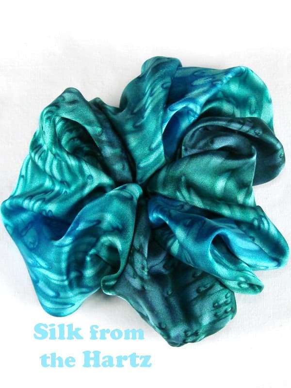 Luxuriously Soft Cool Teal Green and Turquoise Hand Dyed Ladies Designer Silk Hair Scrunchie
