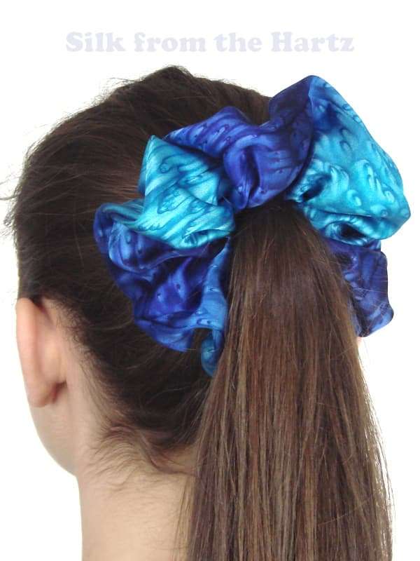 Royal Blue and Turquoise Silk Ponytail Holder Hair Scrunchie for Girls and Gymnastics