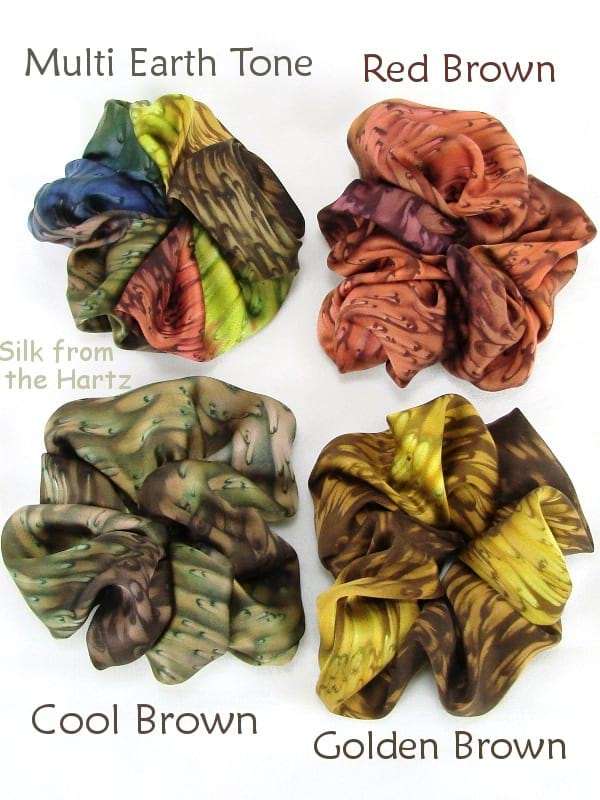 Earth Tone Brown Silk Scrunchies 4 Shades of Brown Extra Large Silk Satin Scrunchies; Hand Dyed Soft Mulberry Silk Hair Accessories.