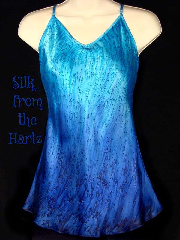 Women's Blue Silk Satin Camisole Tops Hand Dyed Turquoise and Blue Women's Satin Silk Camisole Top with adjustable spaghetti straps