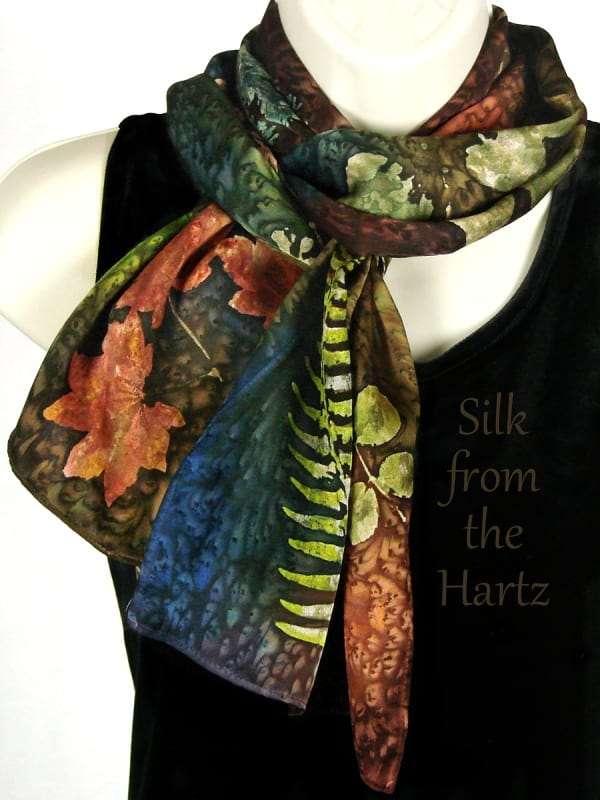 Leaf 8″ x 54″ Hand Printed Silk Scarf Fall Fashion Colors Botanical Garden Hand Printed Autumn Leaf 8" x 54" Rectangular Silk Scarf