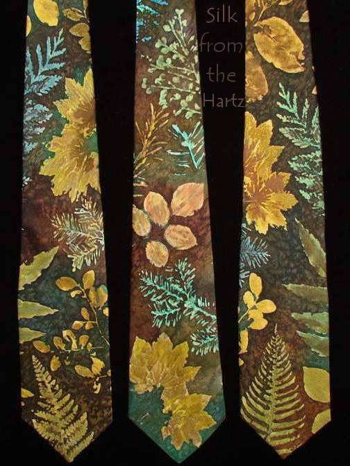 Botanical Leaf Print Camouflage Silk Tie Hand Dyed Real Leaves in Neutral Earth Tone Autumn Colors