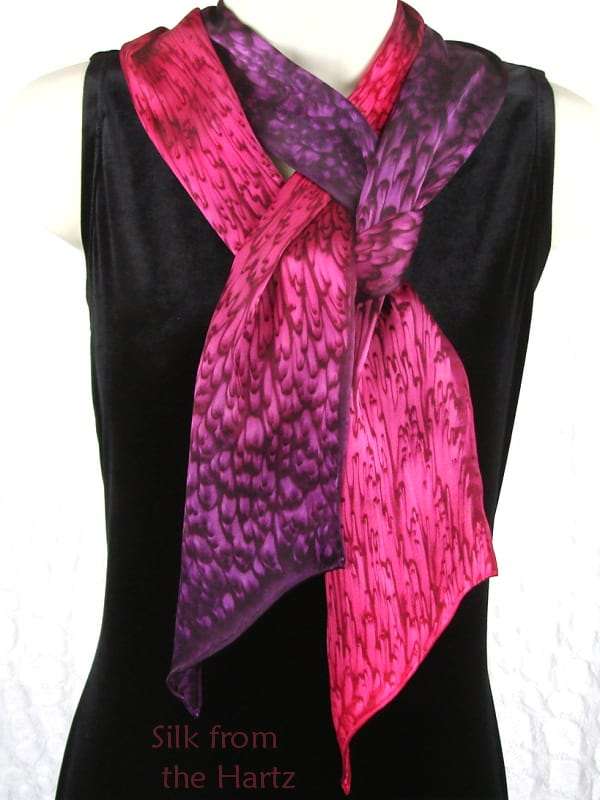 Long Skinny Colorful Purple Red Silk Scarf Bright, fun and colorful long skinny artistic hand dyed soft purple red silk scarf