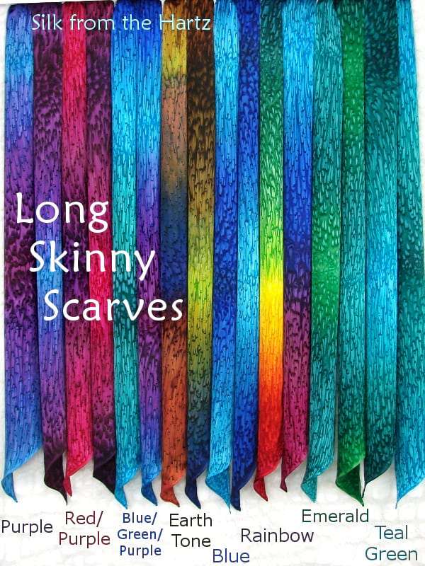 Long Skinny Hand Rolled Colorful Silk Scarves Colorful long skinny 5" x 72" hand rolled silk scarves, fun gifts for girls and women