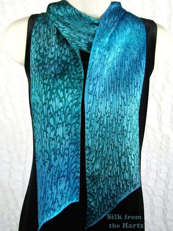 Long Skinny Handcrafted Turquoise Green Silk Ombre Summer Scarf Handcrafted cool teal green and turquoise 5" x 72" long skinny silk summer scarf