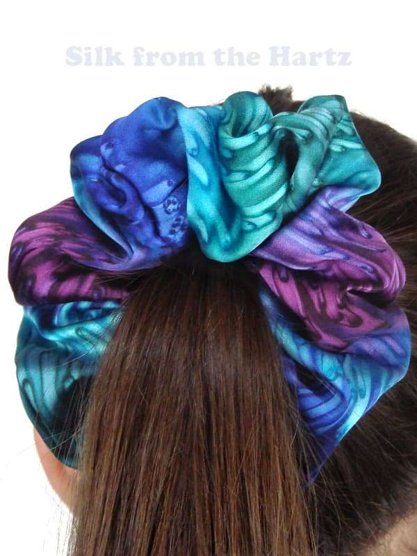 Hand Dyed Blue, Green and Purple, Jewel Tone Silk Ponytail Holder Hair Scrunchies for Girls