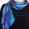 Creative hand painted, striped jewel tone blue, green and purple long skinny silk scarf   