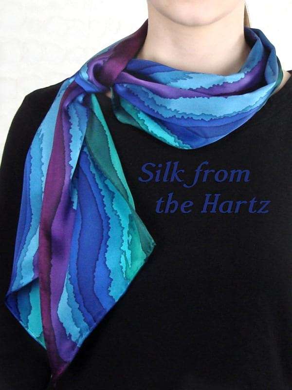 Creative hand painted, striped jewel tone blue, green and purple long skinny silk scarf   