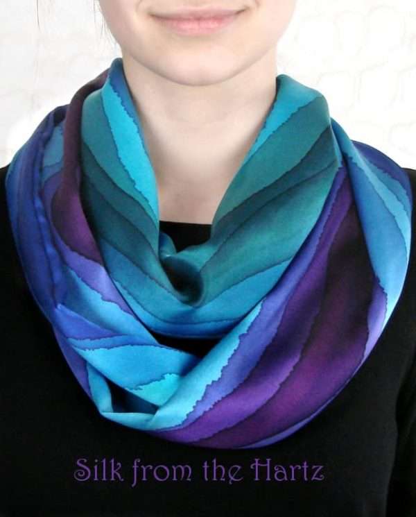 Jewel Stripe Infinity Creative Designer Silk Scarf Hand Dyed Creative Jewel Tone Stripe Blue, Green, Purple Designer Silk Infinity Scarf