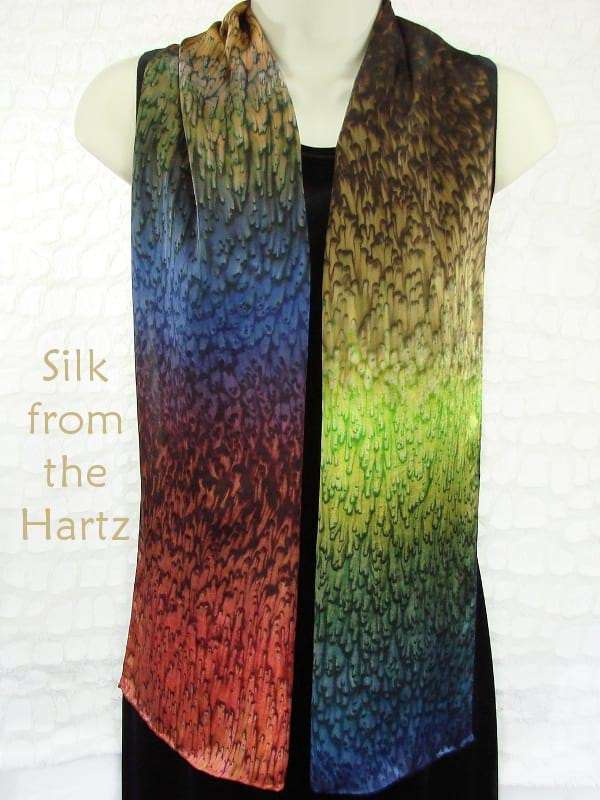 11 x 60 Brown Autumn Color Real Silk Scarves Hand dyed real silk satin earth tone colors - brown, olive, peach and denim 11" x 60" autumn scarf