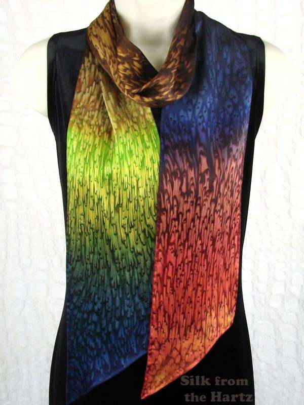 Long Narrow Elegant Fall Colored Brown Silk Scarf Elegant earth tone brown green peach denim fall colored 5" x 72" long narrow silk scarf