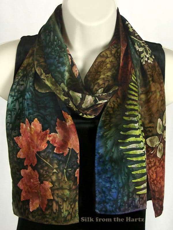 Leaf 8″ x 54″ Botanical Scarf Botanical Nature Print Autumn Color Hand Dyed Leaf 8" x 54" Silk Satin Oblong Scarf