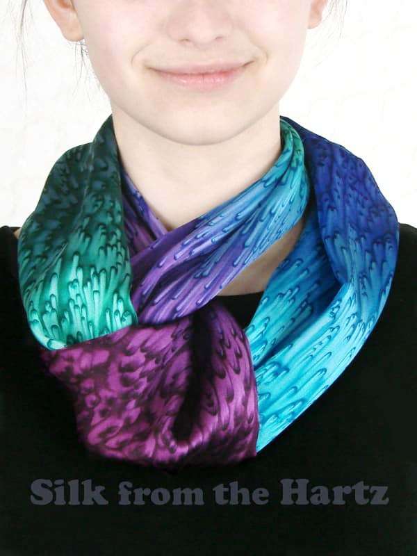 Jewel Tone Elegant Silk Infinity Scarf for Women Unique and elegant hand dyed blue, green and purple jewel tone silk infinity scarf for women