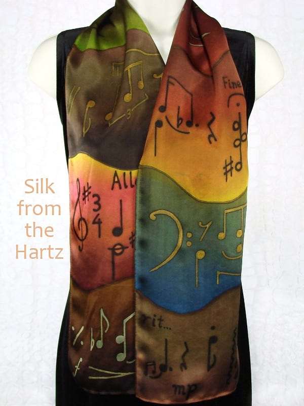 Music Scarf Earth Tone 8″ x 54″ Silk Music Notes and Symbols Hand Dyed Earth Tone Silk Scarf 8" x 54" Gift Idea for Music Teacher