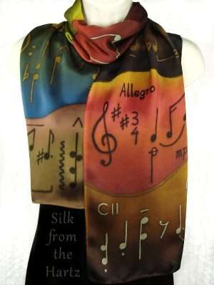 Unique Hand Painted Music Note Silk Scarf 11" x 60" in Earth Tone Browns and Greens