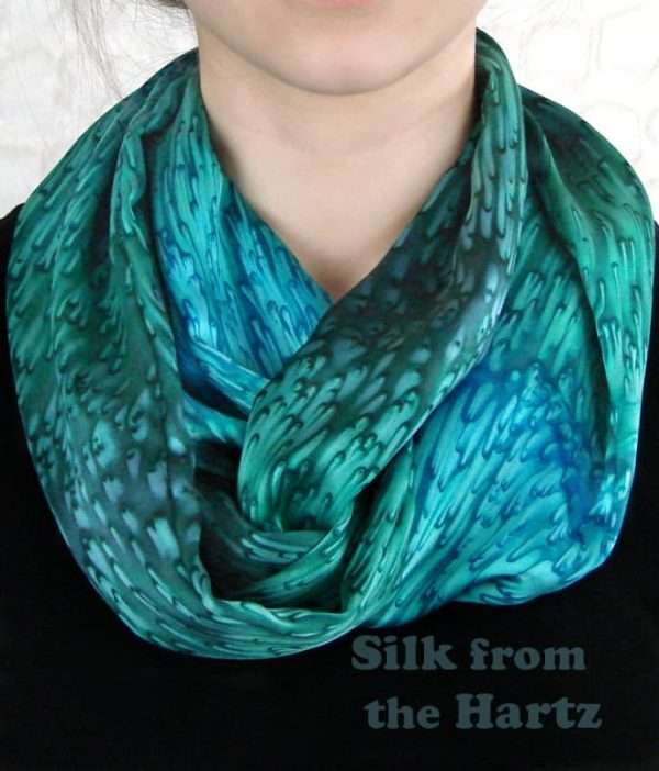 Teal Green Real Silk Infinity Circle Scarf Cool Hand Dyed Turquoise and Teal Green Real Silk Satin Infinity Circle Scarf