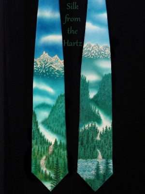 Hand Painted Silk Mountain Tie Silk mountain neck tie hand painted by the silk artist with snow covered mountains and waterfalls