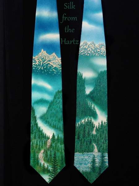 Hand Painted Silk Mountain Tie Silk mountain neck tie hand painted by the silk artist with snow covered mountains and waterfalls