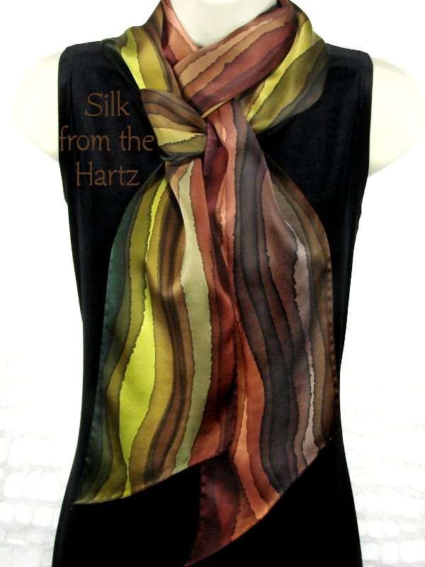 5" x 72" earth tone striped autumn color brown silk long narrow scarf