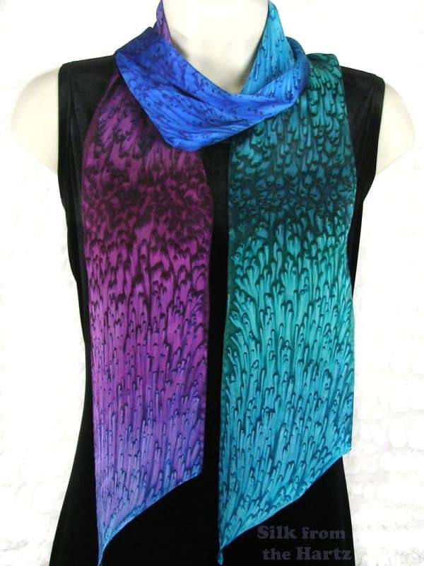 Long Narrow Handcrafted Green Purple Blue Silk Scarf Blue green purple handcrafted 5" x 72" jewel tone silk satin long narrow scarf