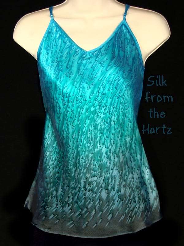 Women's Teal Green Silk Satin Camisole Tops Hand Dyed Turquoise and Teal Green Raindrop Pattern Silk Satin Ladies Camisole Tops