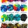 Large silk satin scrunchies for thick or curly hair, in blue, green, purple, brown, rainbow, black.