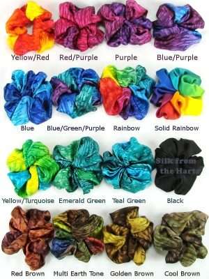 Large Silk Scrunchies for Hair Large silk satin scrunchies for thick or curly hair, in blue, green, purple, brown, rainbow, black.