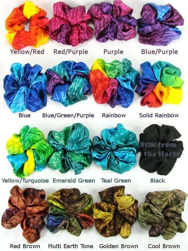 Large silk satin scrunchies for thick or curly hair, in blue, green, purple, brown, rainbow, black.