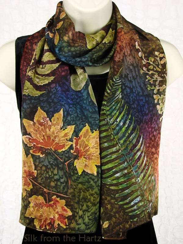 Leaf 11″ x 60″ Fall Scarf Hand Painted Botanical Leaf Print 11" x 60" Earth Tone Autumn Color Fall Silk Satin Scarf for Women