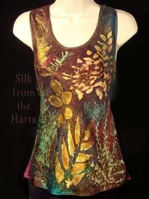 Leaf Print Autumn Colors Silk Tank Top Hand Printed Botanical Leaf Silk Tank Top in Autumn Earth Tones