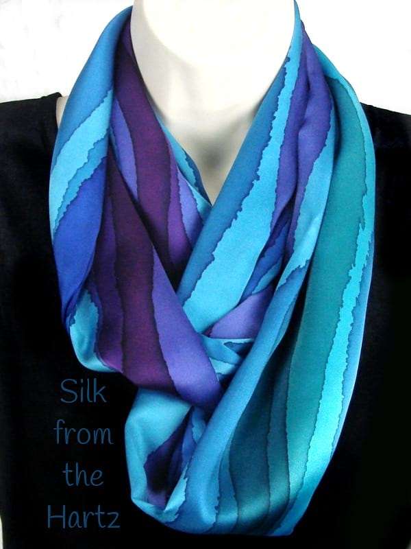 Jewel Stripe Elegant Silk Infinity Scarf Jewel Tone Blue, Green & Purple Hand Painted Artisan Stripe Elegant Silk Infinity Scarf