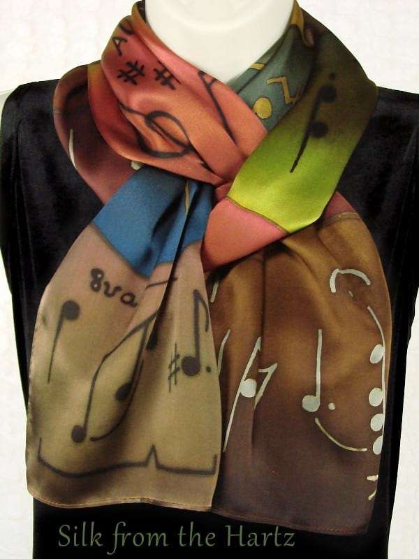 Music Note Autumn Color 11 x 60 Silk Scarf Music Note Scarf 11" x 60" Hand Dyed in Earth Tone Autumn Colors