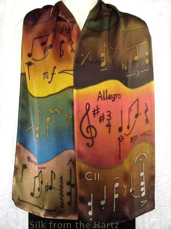 Music 11 x 60 Silk Scarf for Men or Women Creative hand painted music note 11" x 60" silk scarf for men or women
