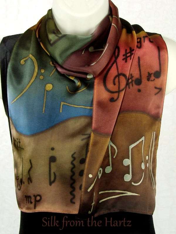 Music Note Scarf 8 x 54 Artistic Fall Color Earth Tone Fall Color Artistically Hand Dyed 8" x 54" Silk Satin Music Note Scarf