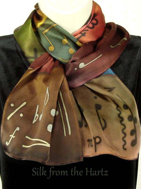 Music Themed 8 x 54 Unique Silk Scarf Hand Crafted Autumn Color Silk Music Note Scarf 8" x 54" Unique Gift for Men or Women