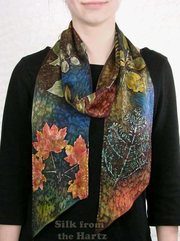 Leaf 5″ x 72″ Botanical Print Scarf Earth Tone Botanical Autumn Leaf Print Soft Mulberry Silk Satin Scarf with Maple, Fir and Salal