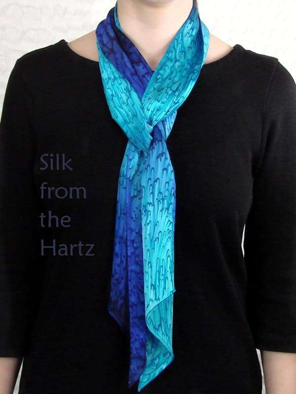 Long Skinny Artistic Fashion Blue Silk Ombre Scarf Artistic long skinny 5" x 72" royal blue, navy and turquoise hand dyed ombre silk scarf fashion for women