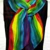 Hand Painted Long Skinny Rainbow Stripe Artistic Silk Scarves - Red, Yellow, Green, Blue and Purple