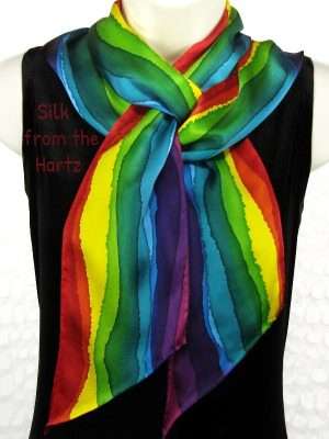 Rainbow Long Skinny Artistic Stripe Silk Scarf Hand Painted Long Skinny Rainbow Stripe Artistic Silk Scarves - Red, Yellow, Green, Blue and Purple