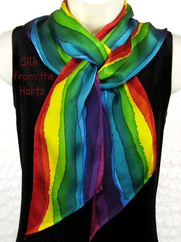 Hand Painted Long Skinny Rainbow Stripe Artistic Silk Scarves - Red, Yellow, Green, Blue and Purple