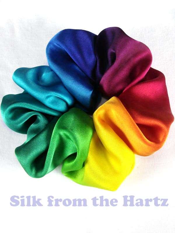 Rainbow Bright Colored Scrunchies All the bright colors of the rainbow silk hair scrunchies - red, yellow, green, blue, purple