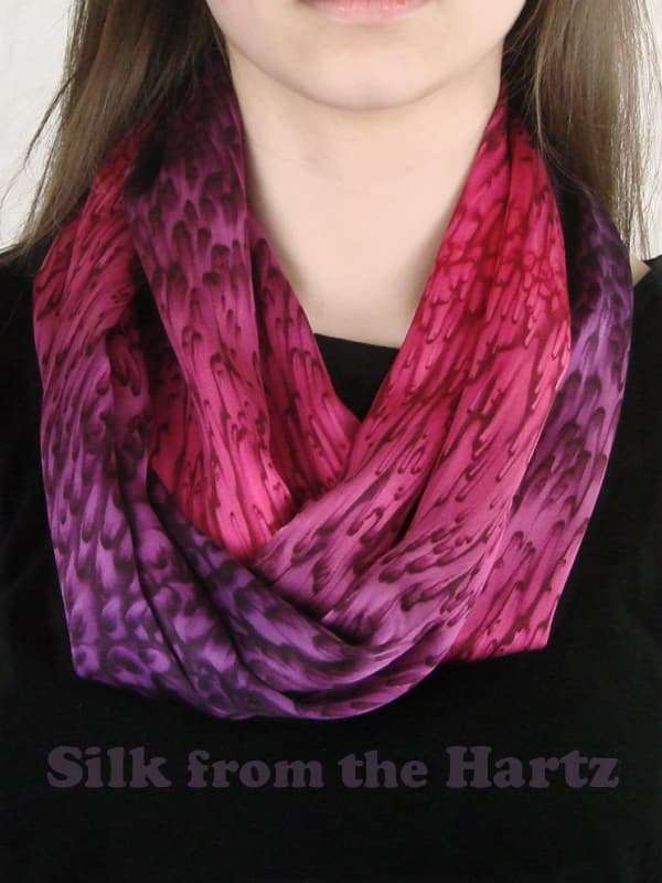 Red Purple Silk Infinity Scarf for Women Hand dyed bright red and purple silk satin infinity loop scarf for women