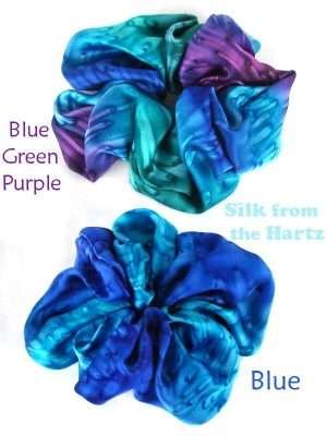 Blue & Jewel Tone Silk Scrunchies Royal blue/turquoise silk ponytail scrunchies, and blue/green/purple jewel tone silk hair scrunchies for women