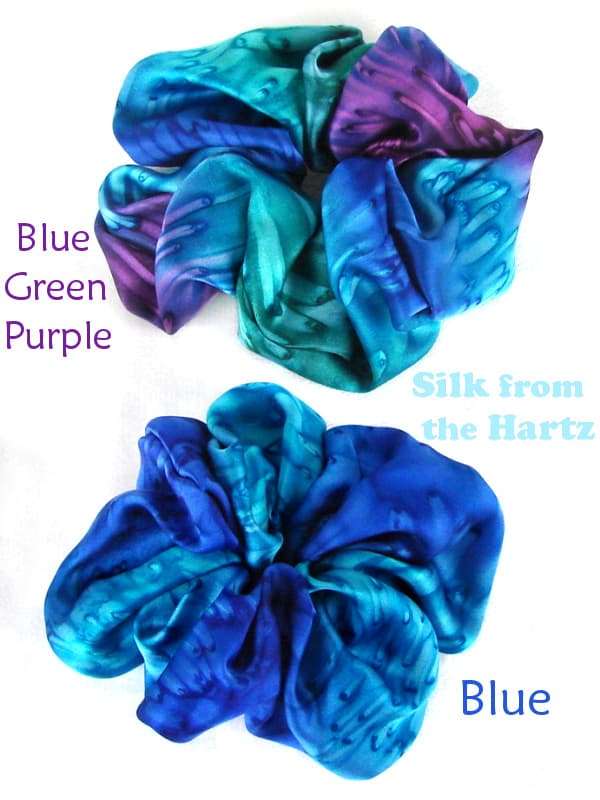 Blue & Jewel Tone Silk Scrunchies Royal blue/turquoise silk ponytail scrunchies, and blue/green/purple jewel tone silk hair scrunchies for women